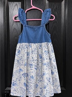 Blue Denim & Floral Cotton Girls' Dress